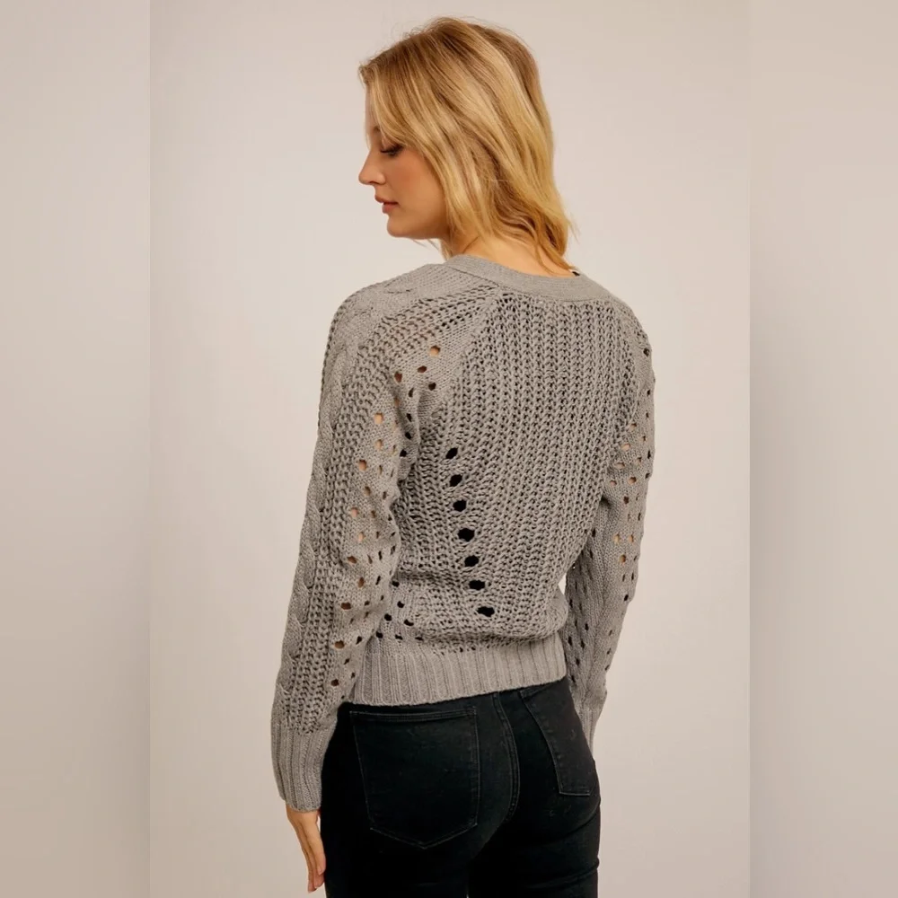 NWT Hem & Thread Pointelle V-Neck Button Down Cropped Cardigan - Picture 5 of 17